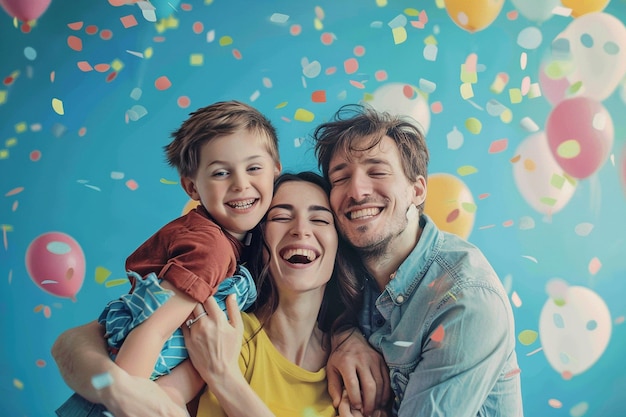 Happy family creating a DIY photo booth for Mother