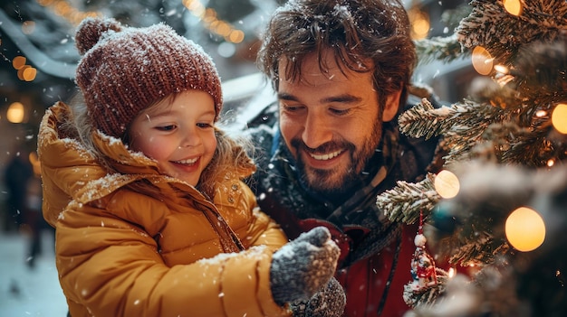 Happy Family Decorating Christmas Tree in Winter Wonderland