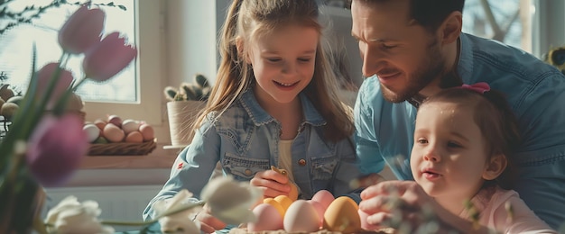 Photo happy family decorating easter eggs together at home