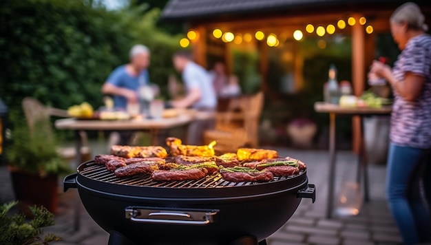 Happy family dining and tasting red wine glasses in barbecue dinner party People with different