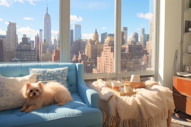 Happy family and dog in bright modern living room with panoramic cityscape view