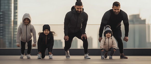 Photo happy family doing workout fitness at morning