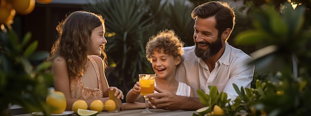 Happy family eating together outdoors Smiling generation family sitting at dining table during dinner