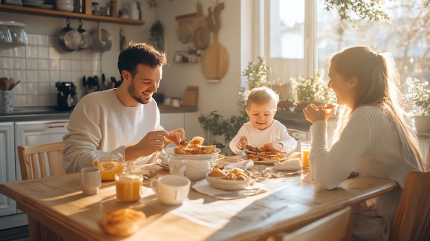 Photo a happy family eats breakfast together at their kitchen table