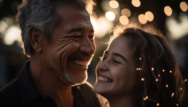 Happy family embraces nature love and laughter generated by AI