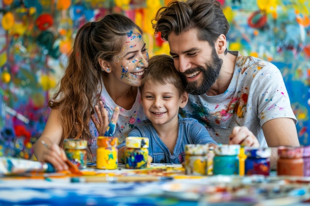 Happy Family Enjoying Artistic Activity Parents and Child Covered in Paint in Art Studio