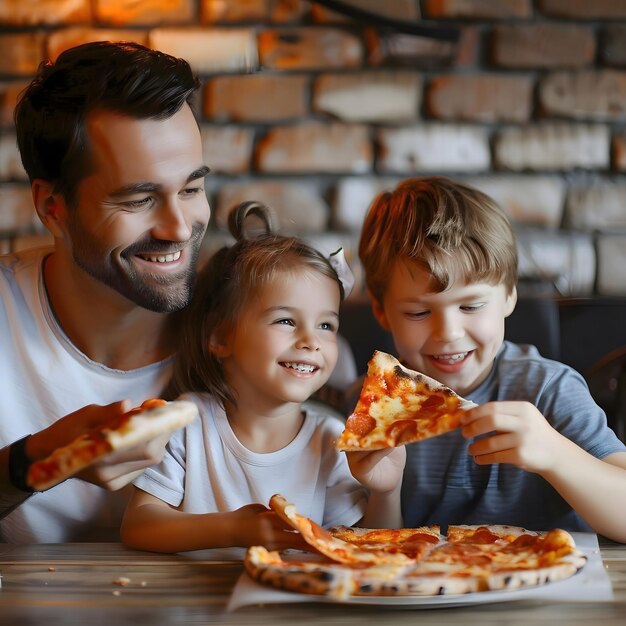 Photo happy family enjoying delicious pizza together