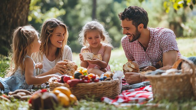 Photo happy family enjoying a picnic in the park with fresh fruit and bread