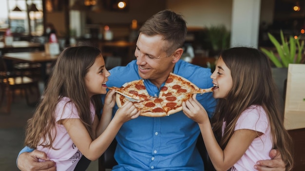 Happy family enjoying pizza at restaurant a father and his two daughters smile happily as they eat