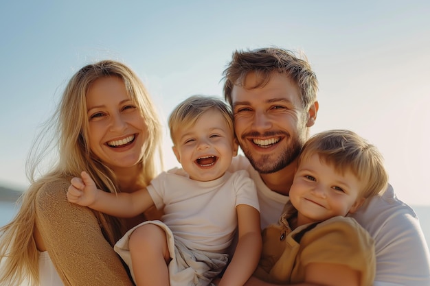 Photo happy family enjoying a sunny beach day with two children and a joyful atmosphere