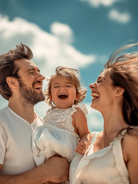 Photo happy family enjoying a sunny day outdoors with their laughing daughter in a joyful moment