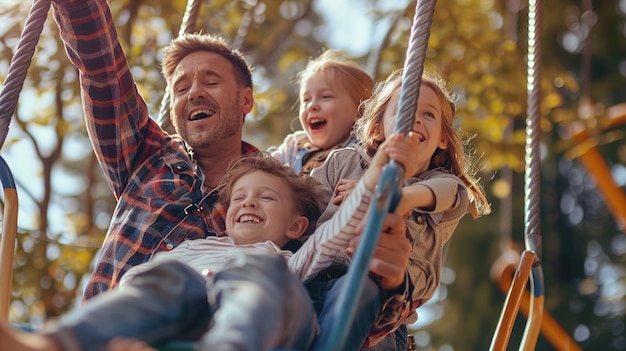 Photo happy family enjoying a swing set on a sunny autumn day