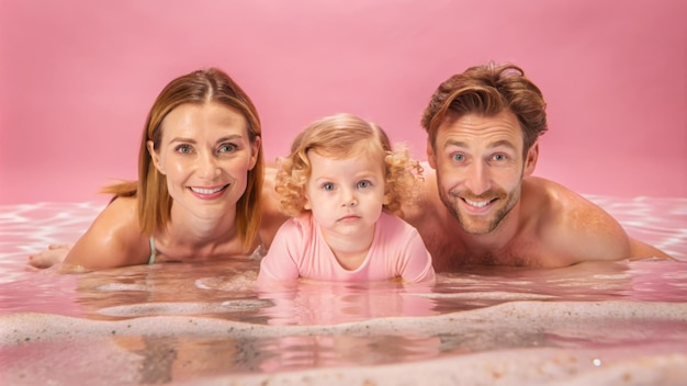 Photo happy family enjoying time in a pink spa pool