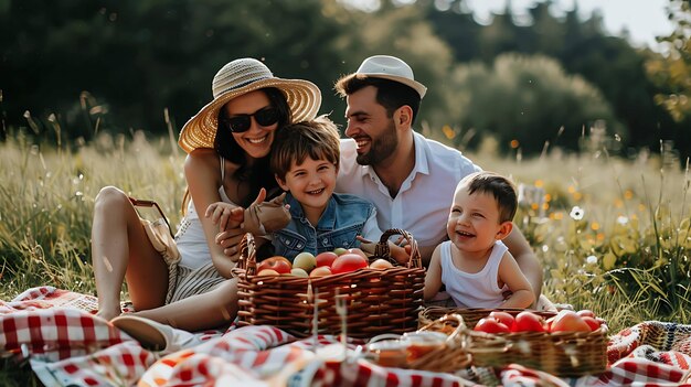 Photo a happy family enjoys a picnic in a field with a checkered blanket and a basket of apples