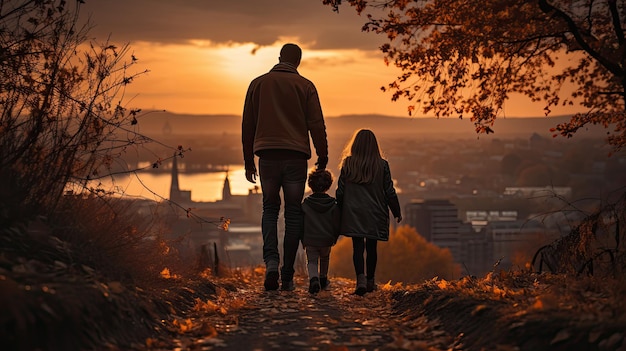 Happy family father children son and daughter standing with sunset background nature view