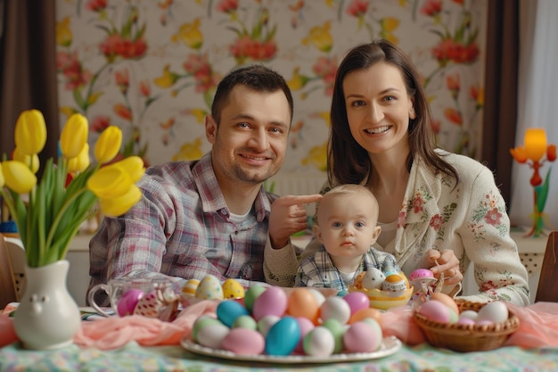 Photo a happy family father mother and child are sitting at a festive table with colorful easter eggs