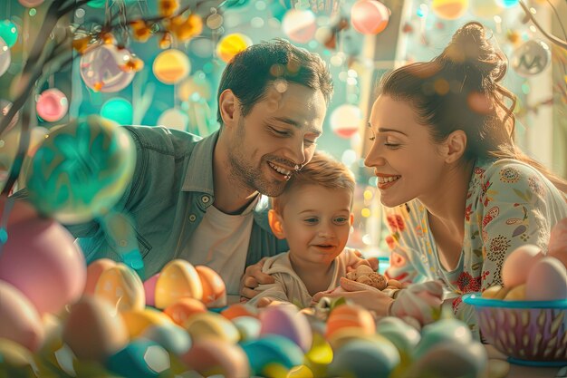 Photo a happy family father mother and child are sitting at a festive table with colorful easter eggs