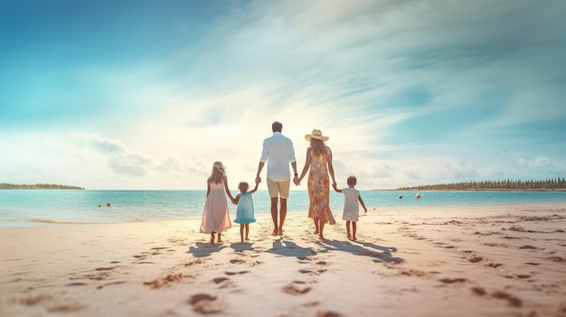 Happy family father mother and children backs on beach at seaGenerative Ai