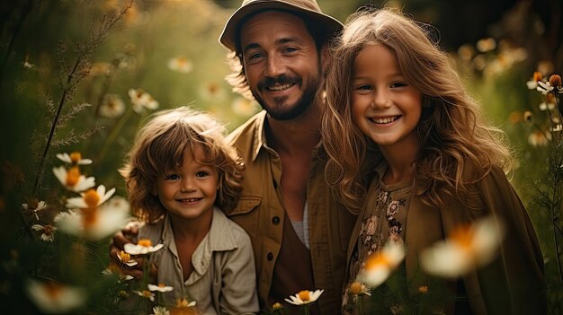 Happy family father mother daughter son and daughter playing in nature at sunset