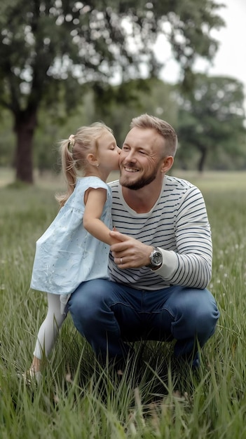 Photo happy family and fathers day child daughter kissing and hugging dad