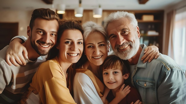 Happy family of five posing for a picture The parents are smiling and the grandparents are beaming