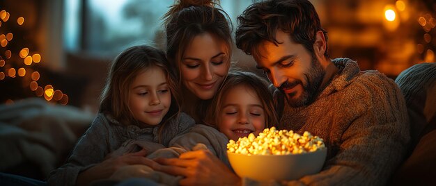 Happy family of four enjoying a cozy night in with popcorn