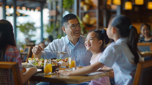 Happy family of four is sitting at the table in the restaurant They are eating drinking and talking