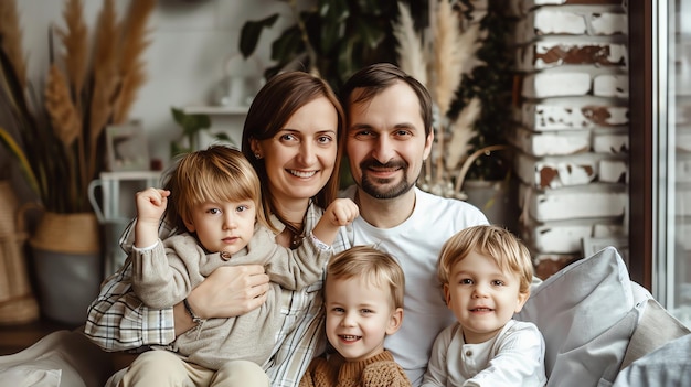 Photo happy family of four posing for a portrait at home