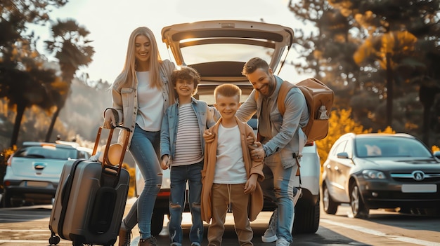 Photo happy family of four standing in front of their car with luggage ready to go on a vacation