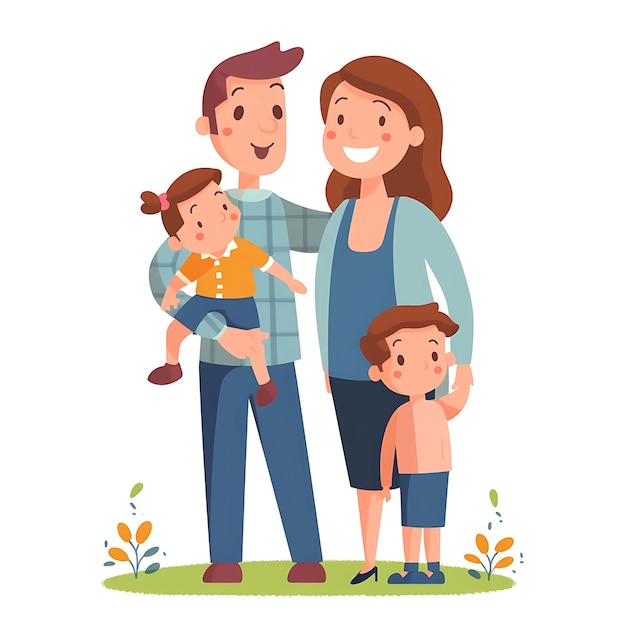 Photo happy family of four standing together in a cartoon illustration