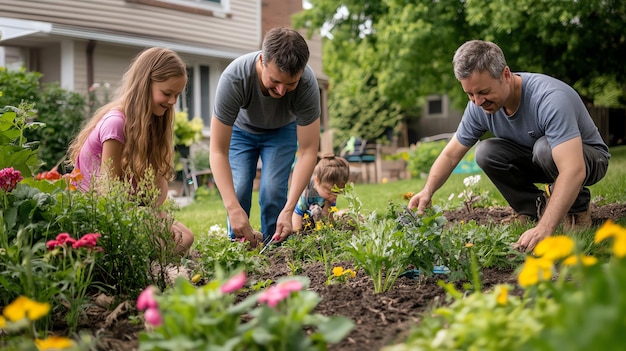 Photo a happy family of four works together to tend their garden