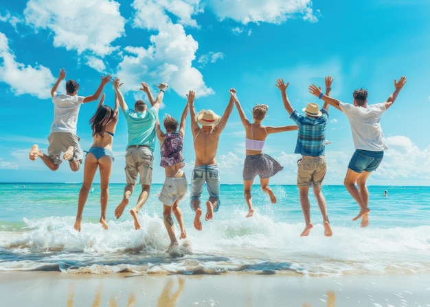 Happy family and friends jumping on the beach