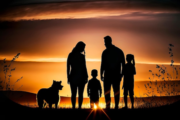 Happy family in front of the sunset skyGenerative AI