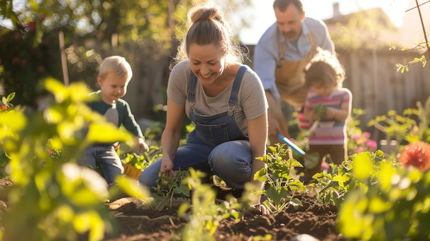 Happy family gardening together in the backyard on a sunny day