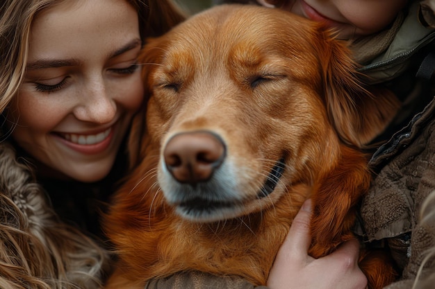 Photo a happy family gathered around their dog each giving the pet a warm hug