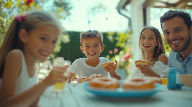 Photo happy family gathering outdoors enjoying delicious donuts and refreshing drinks in a sunny garden setting during summer