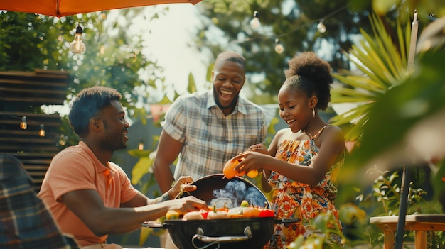 Happy family grilling outdoors in the backyard