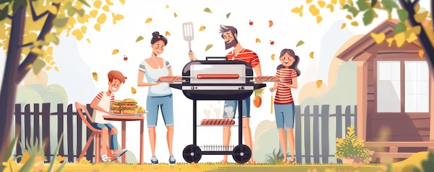 Photo happy family grilling together in backyard on sunny day