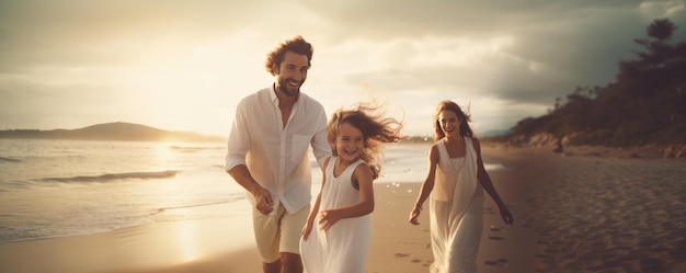 Happy family having fun on the beach Mother and father holding son Generative ai