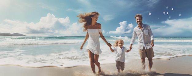 Happy family having fun on the beach Mother and father holding son Generative ai