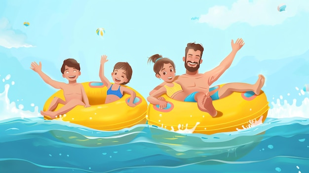 Happy family having fun in inflatable rings on a sunny day at the beach