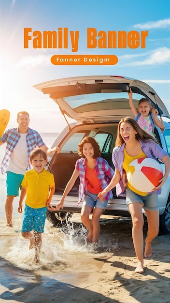 Happy family having fun near car on sandy beach banner design