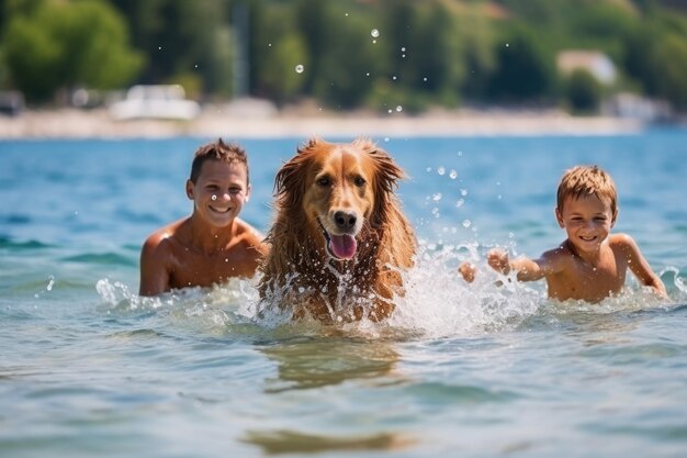 Happy family having a fun playtime with their beloved pet dog in lake