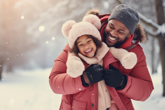 Happy family having fun while travel outdoor in winter comeliness