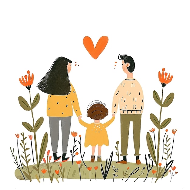 Photo happy family holding hands in cartoon style illustration