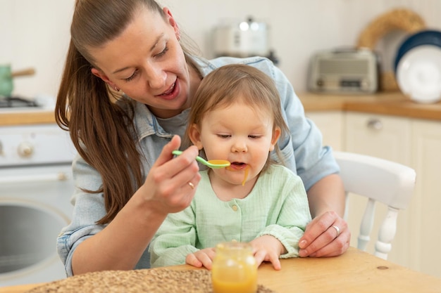 Happy family at home mother feeding her baby girl from spoon in kitchen little toddler child with me