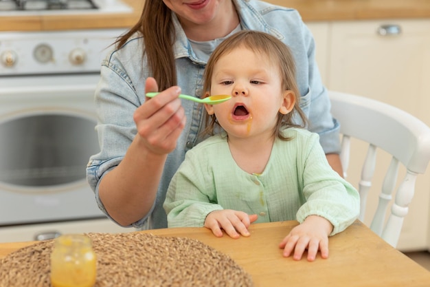 Happy family at home Mother feeding her baby girl from spoon in kitchen Little toddler child with messy funny face eats healthy food at home Young woman mom giving food to kid daughter