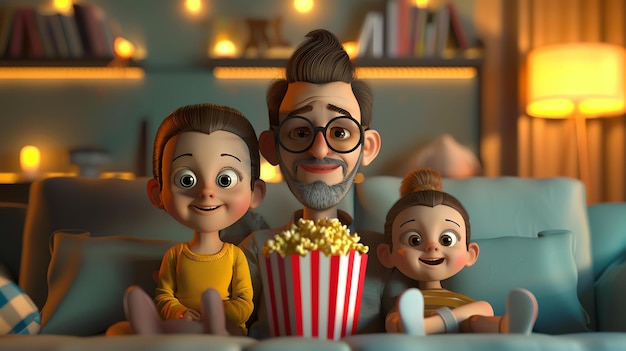 Photo a happy family is sitting on the couch together they are watching a movie and eating popcorn the family is smiling and laughing