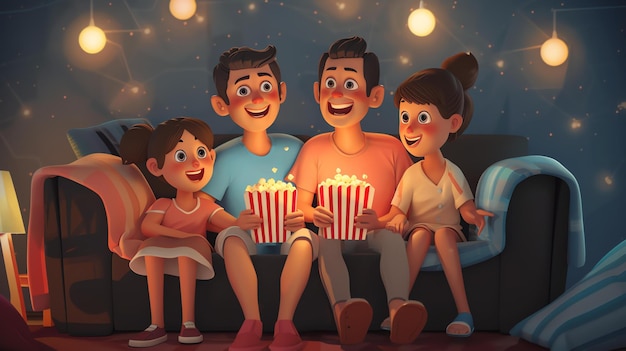 Photo a happy family is sitting on the couch together they are watching a movie and eating popcorn they are all smiling and enjoying each others company