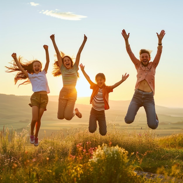 Happy family jumping in the field at sunset